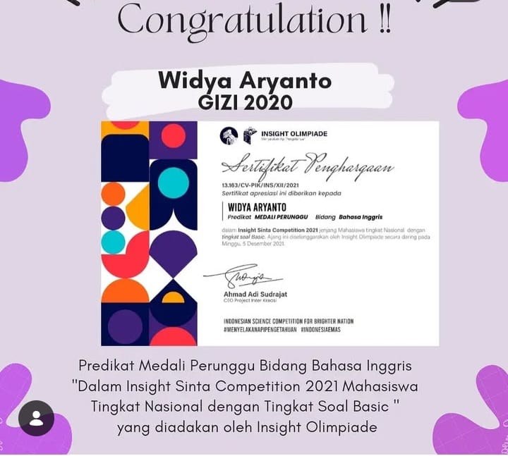 Predikat Medali Perunggu Bidang Bahasa Inggris "Dalam Insight Sinta Competition 2021 Mahasiswa Tingkat Nasional dengan Tingkat Soal Basic " yang diadakan oleh Insight Olimpiade